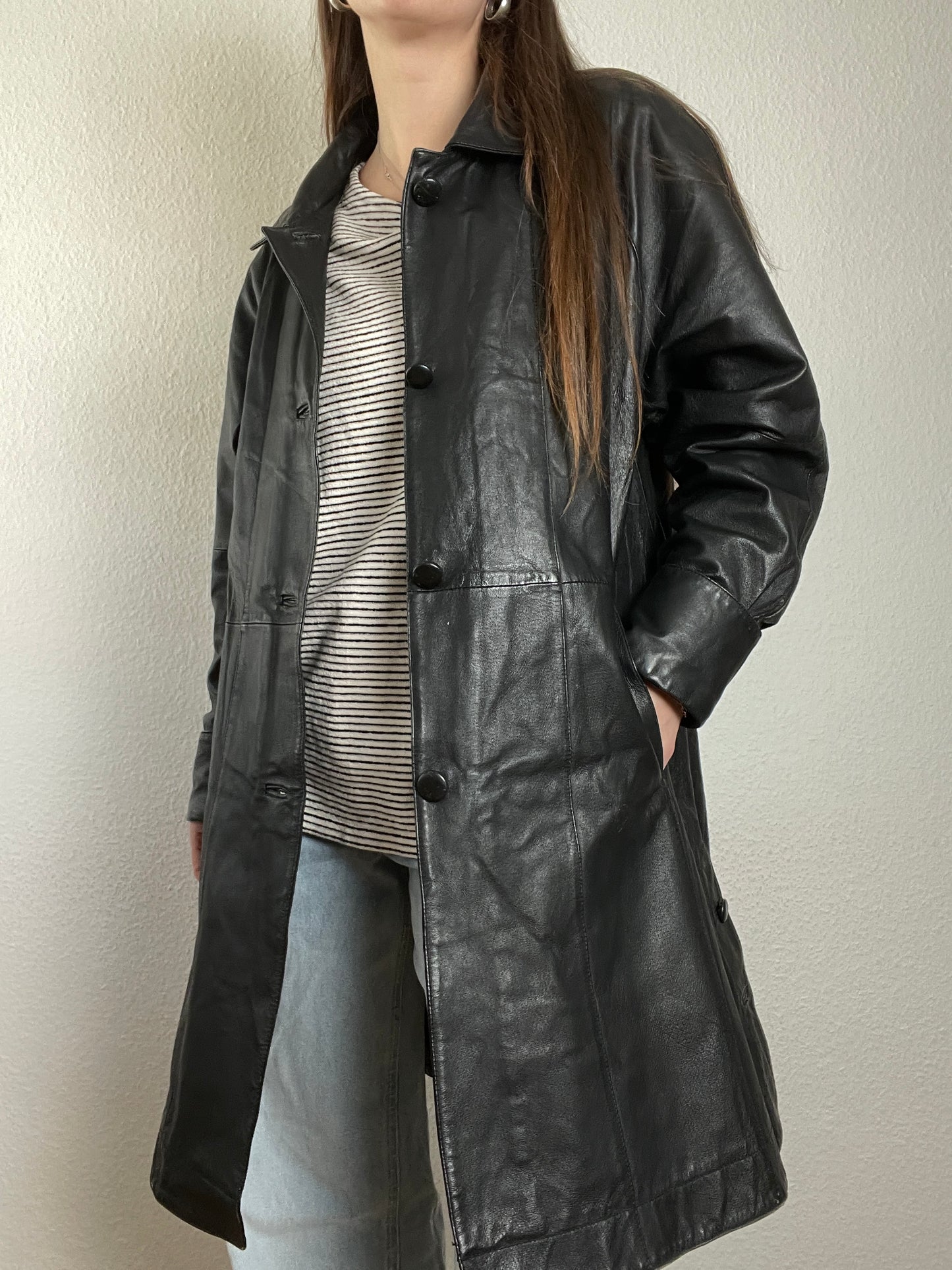 Vintage 90s black leather trench coat