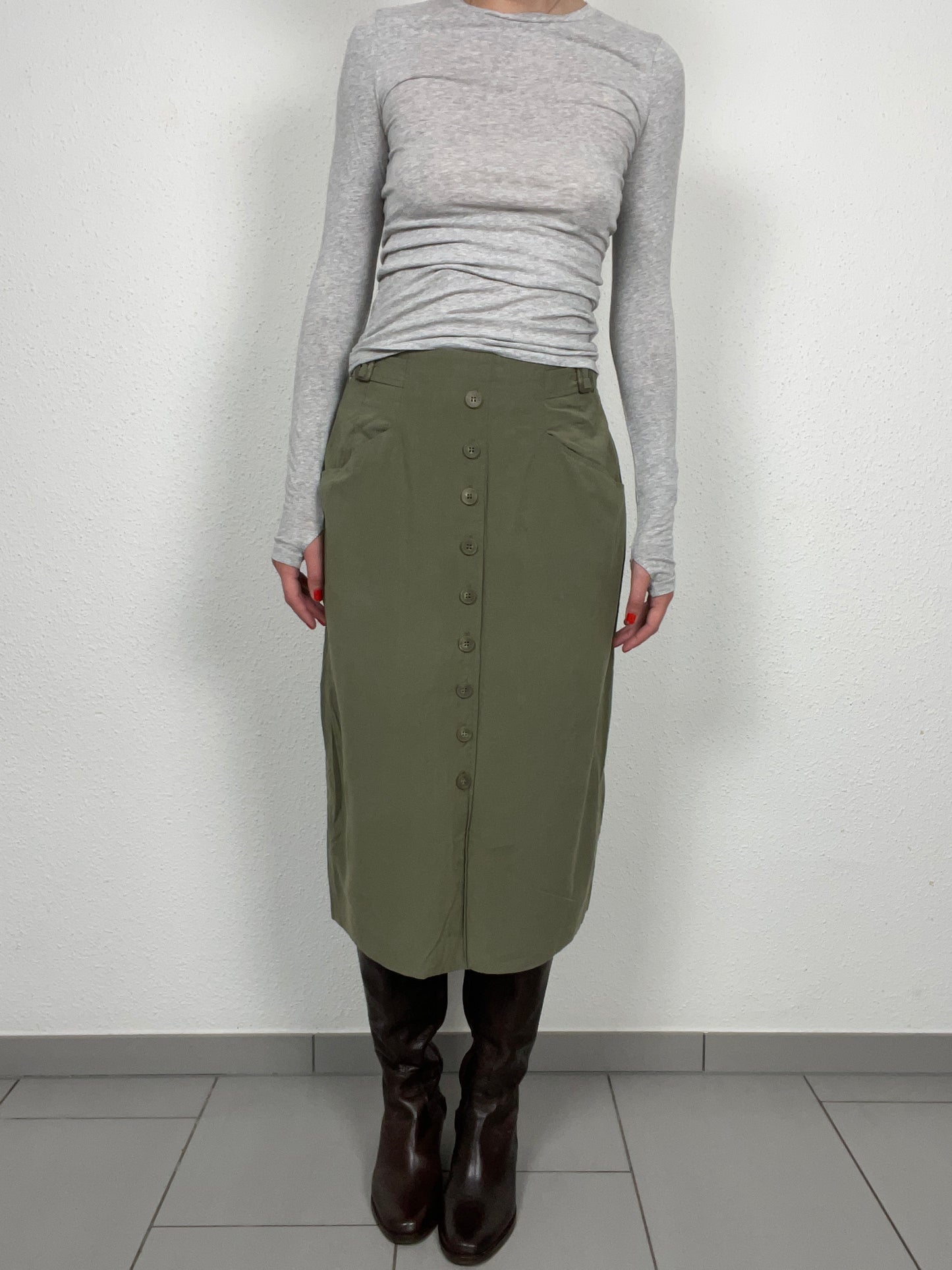 Vintage Bianca Olive Midi Skirt with Button Front – Size 38