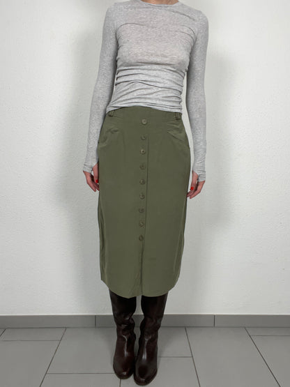 Vintage Bianca Olive Midi Skirt with Button Front – Size 38