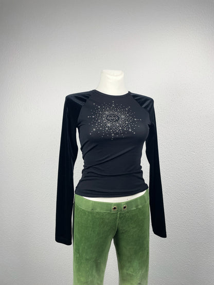 Y2K vintage ONYX Italian velvet-sleeve starburst top.