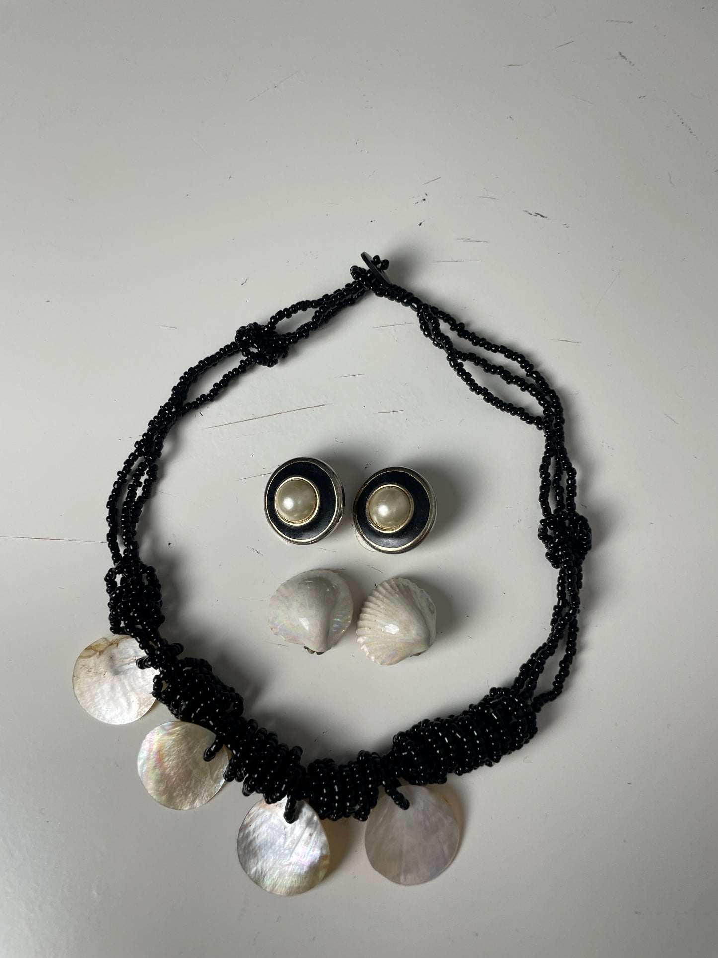 Vintage Black Beaded Necklace with Shell Discs