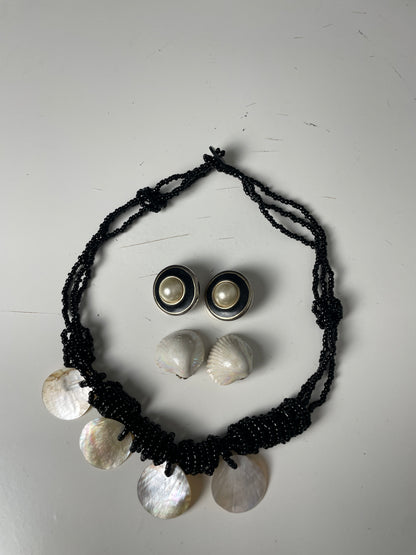 Vintage Black Beaded Necklace with Shell Discs