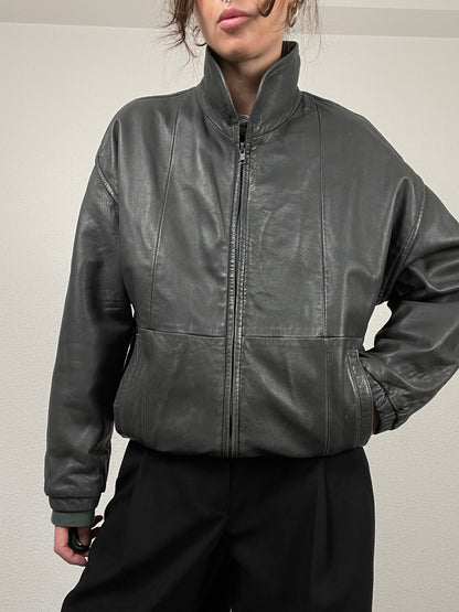 Vintage 90s grey leather bomber jacket