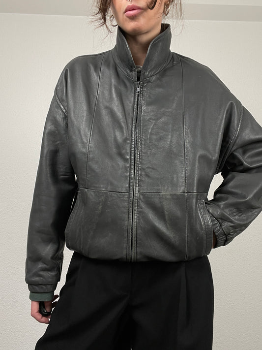 Vintage 90s grey leather bomber jacket