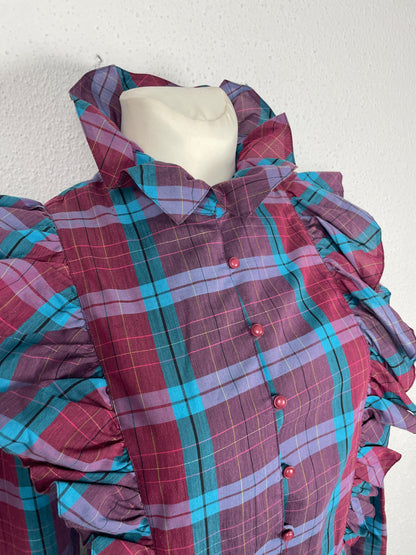 vintage 80s checkered midi dress with ruffles on the shoulders