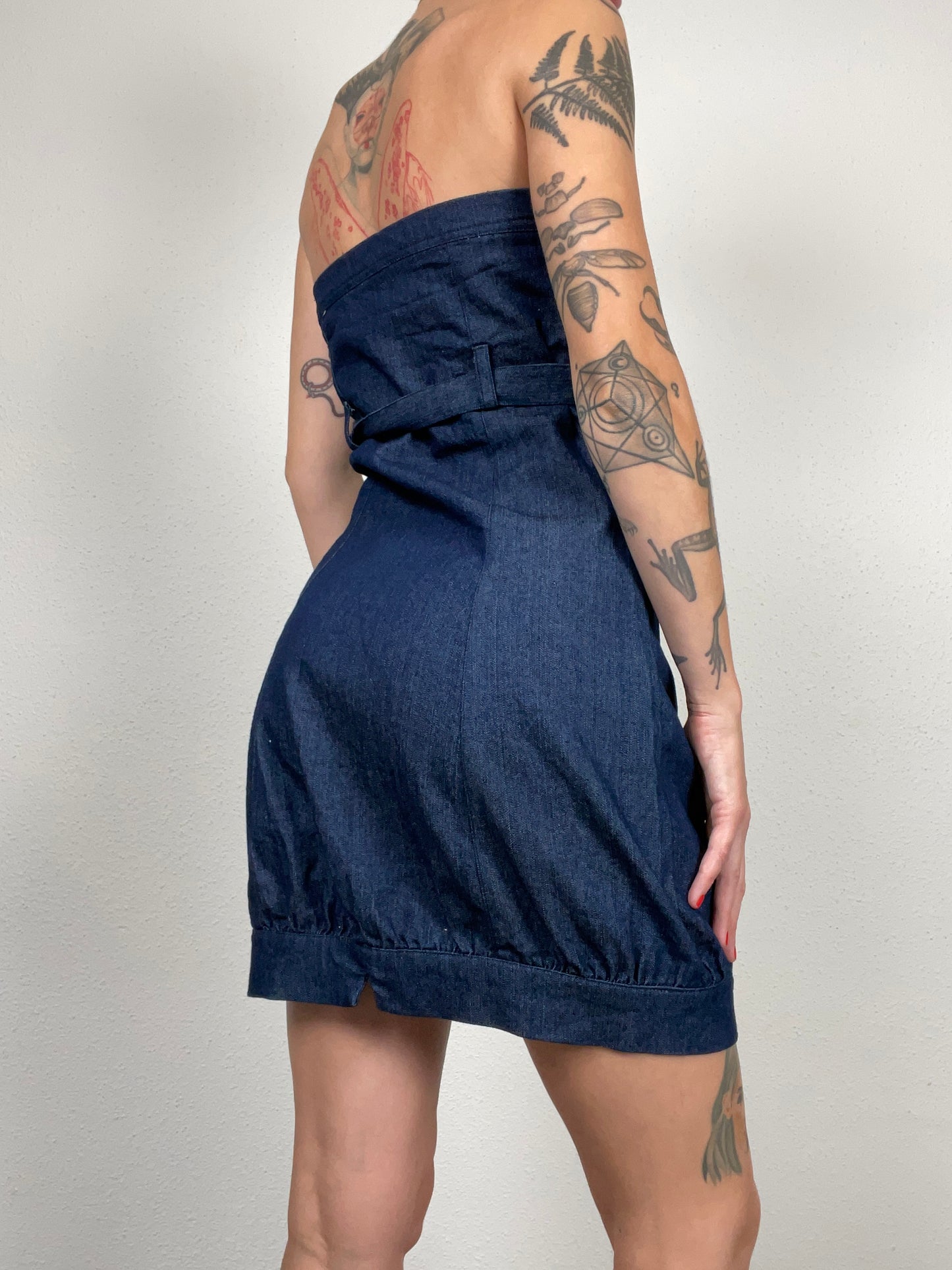 Vintage Y2K Strapless Denim Mini Dress with Belt – Size S
