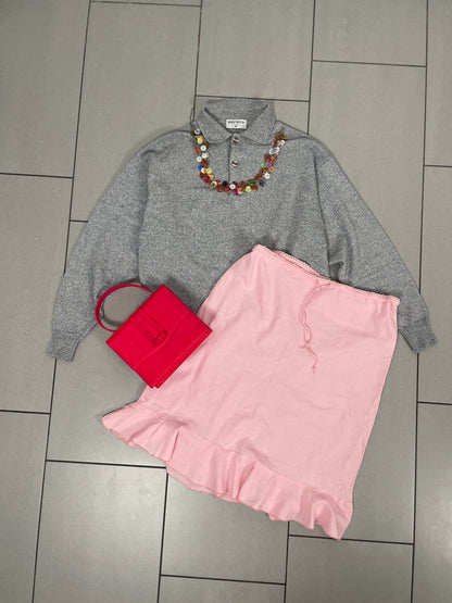 Vintage Y2K Pink Linen Skirt with Ruffle Hem