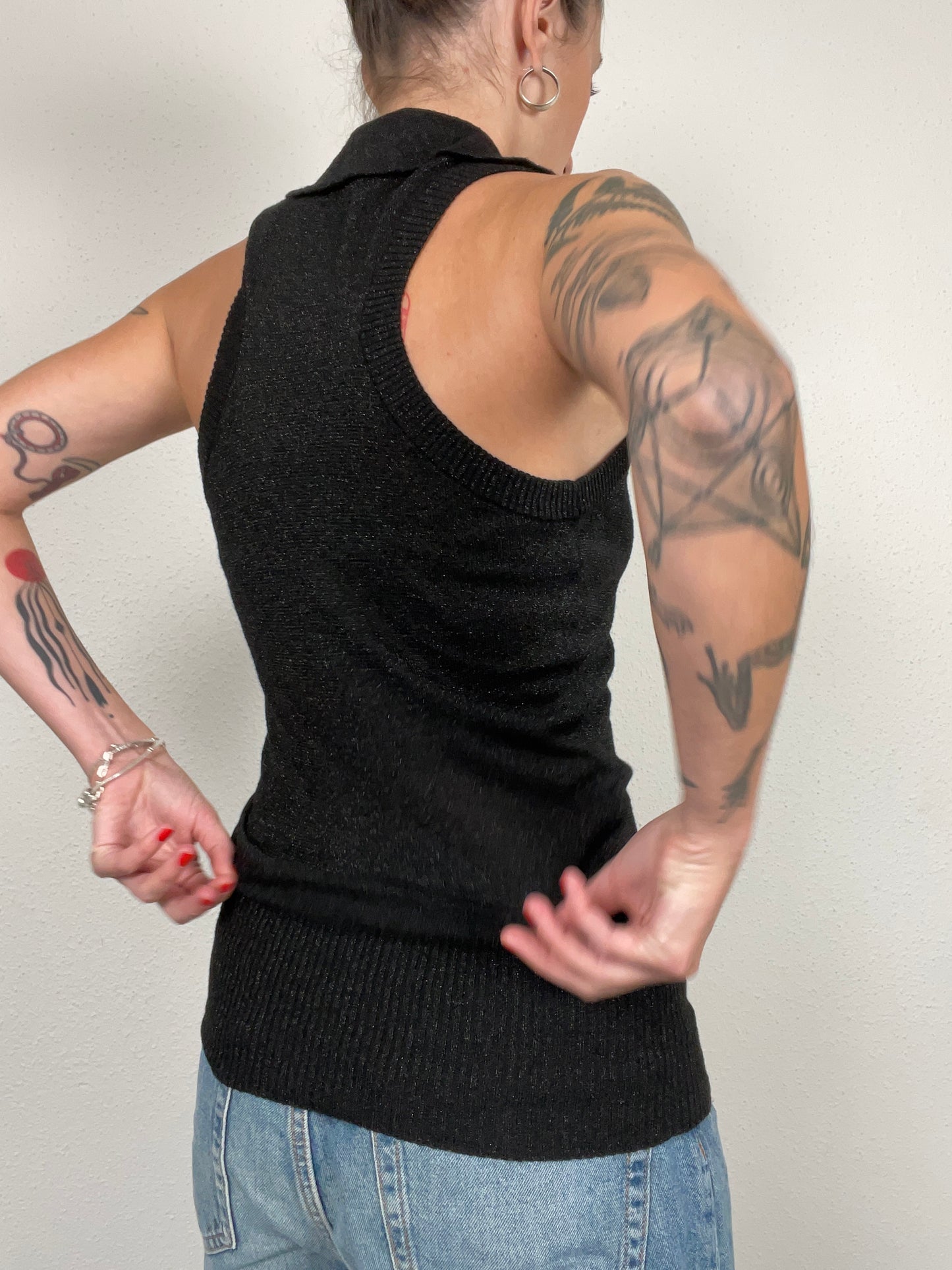 Vintage Y2K Black Metallic Knit Polo Tank Top – Size S/M