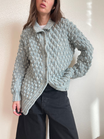 Vintage Chunky Knit Wool Cardigan – Textured Cable Pattern – Size M/L