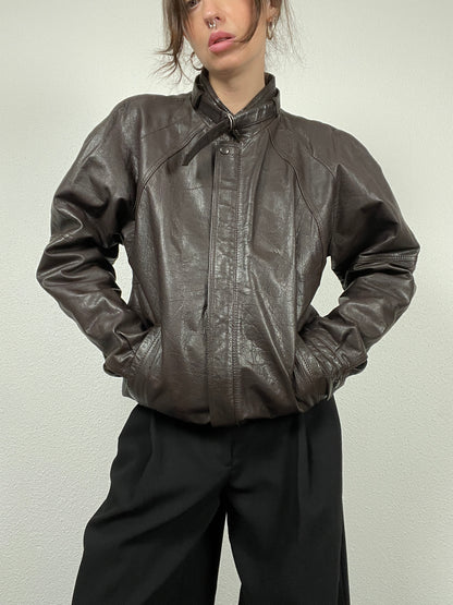 Vintage 80s hard leather brown bomber jacket