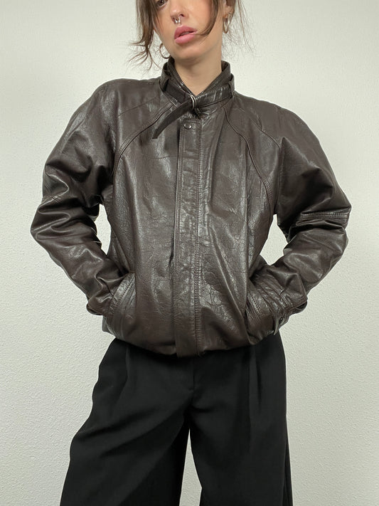 Vintage 80s hard leather brown bomber jacket