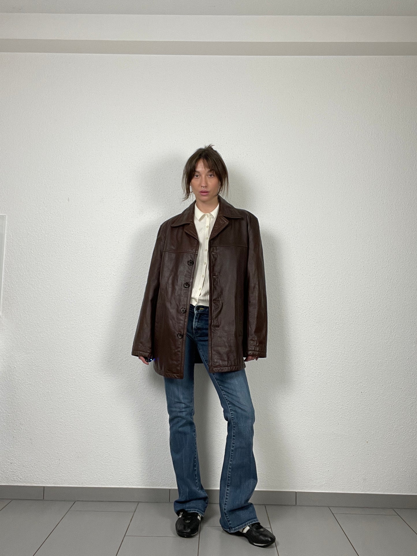 Vintage Y2K 2000s brown leather trench coat