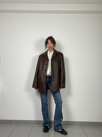 Vintage Y2K 2000s brown leather trench coat