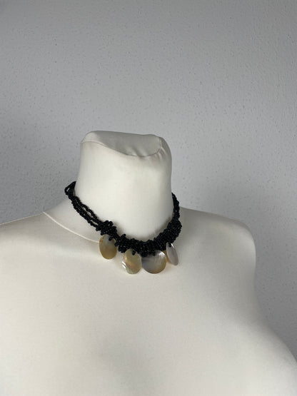 Vintage Black Beaded Necklace with Shell Discs