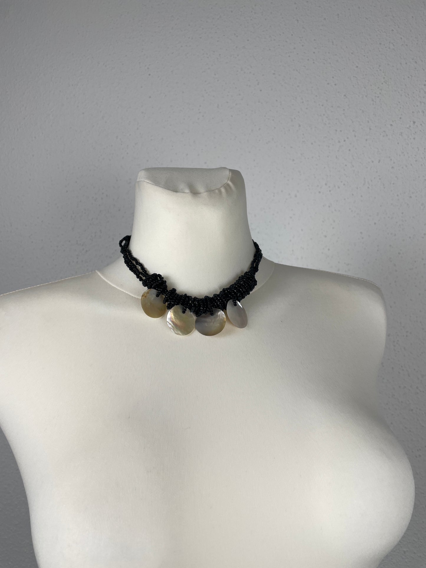 Vintage Black Beaded Necklace with Shell Discs