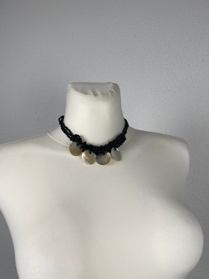 Vintage Black Beaded Necklace with Shell Discs
