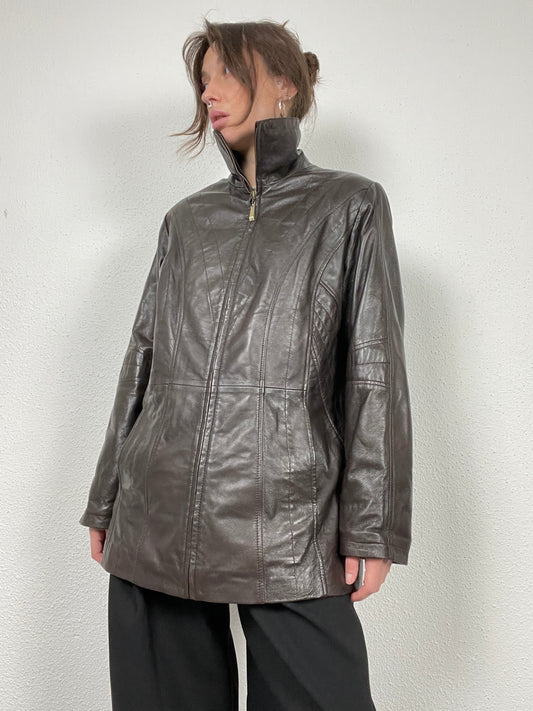 Vintage Y2K early 2000s dark brown leather jacket with stand collar