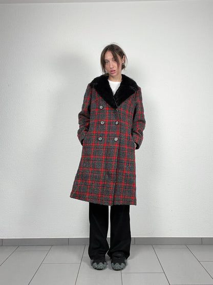 Vintage 1990s grey and red checkered wool coat with faux fur collar