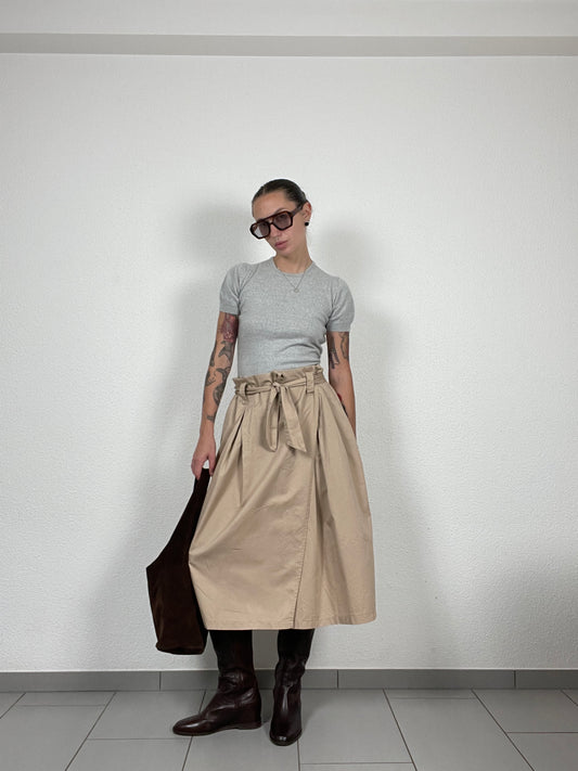 Vintage Beige Wrap Midi Skirt with Belt – Size M
