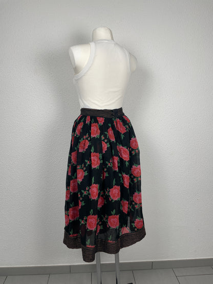 Floral Pleated Midi Skirt – Black with Red Roses