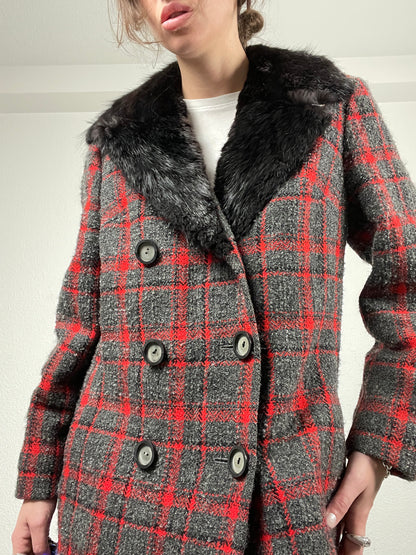 Vintage 1990s grey and red checkered wool coat with faux fur collar