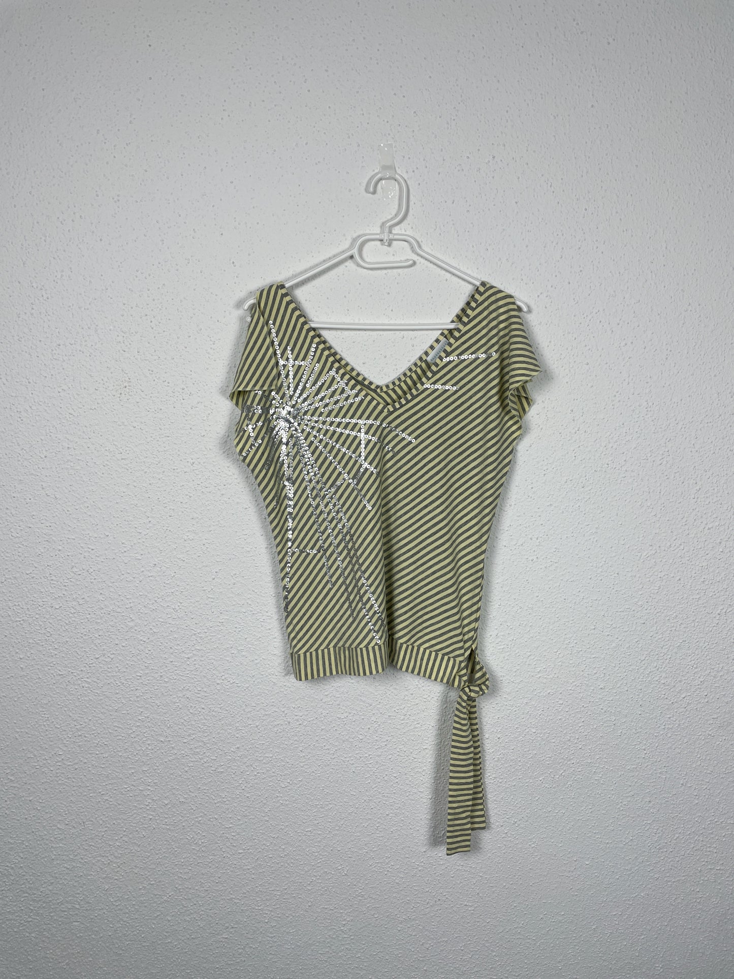 Vintage early 2000s yellow & grey striped sequin wrap top by Amaranto