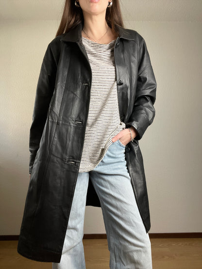 Vintage 90s black leather trench coat
