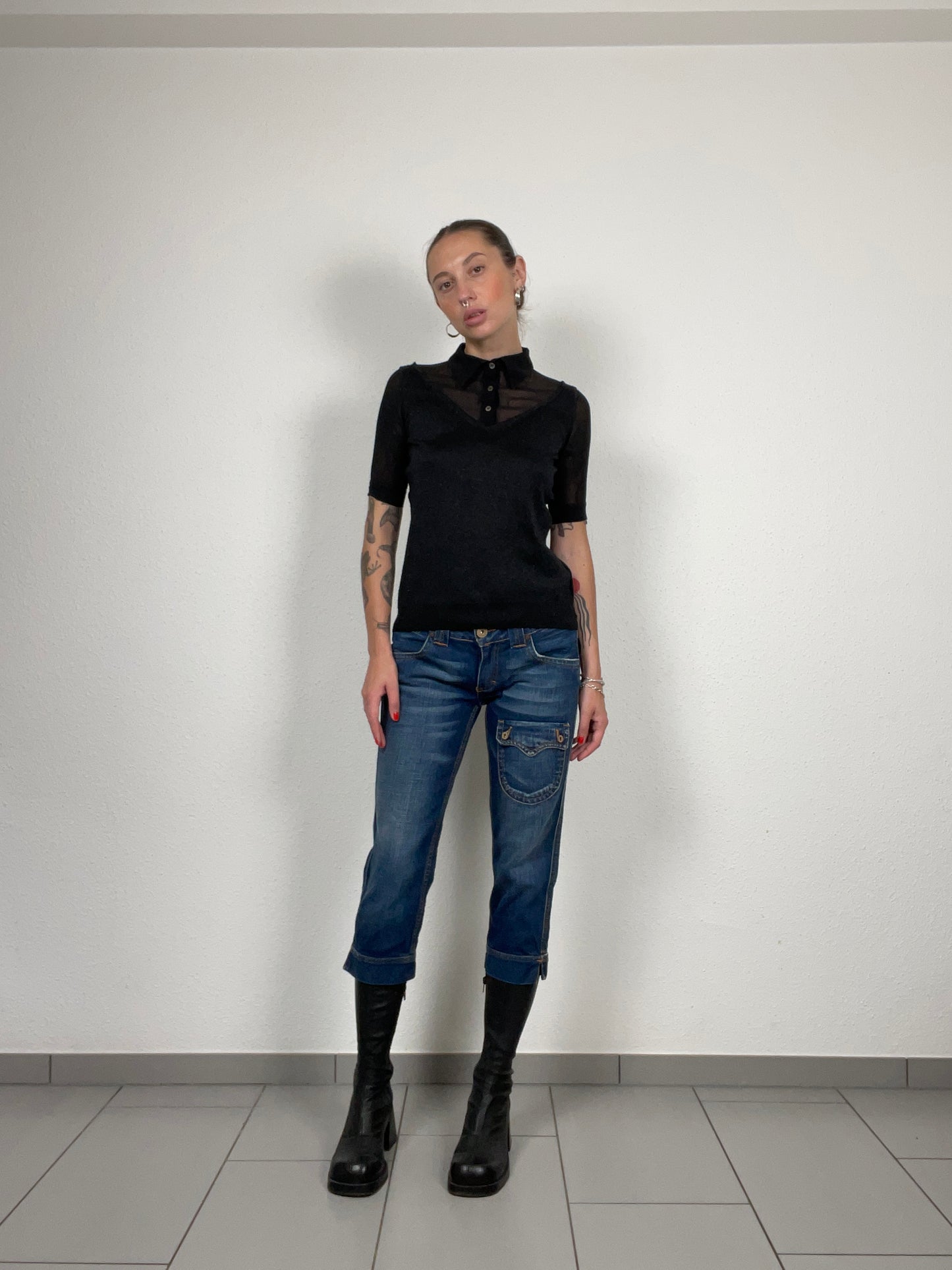 Vintage D&G Black Sheer Panel Polo Knit with Lurex – Size XS