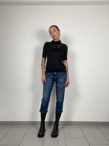 Vintage D&G Black Sheer Panel Polo Knit with Lurex – Size XS
