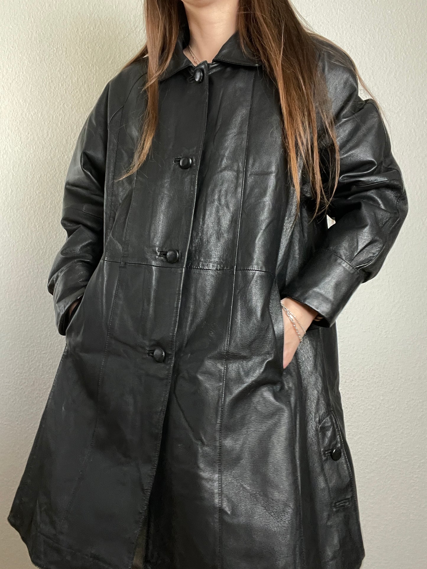 Vintage 90s black leather trench coat