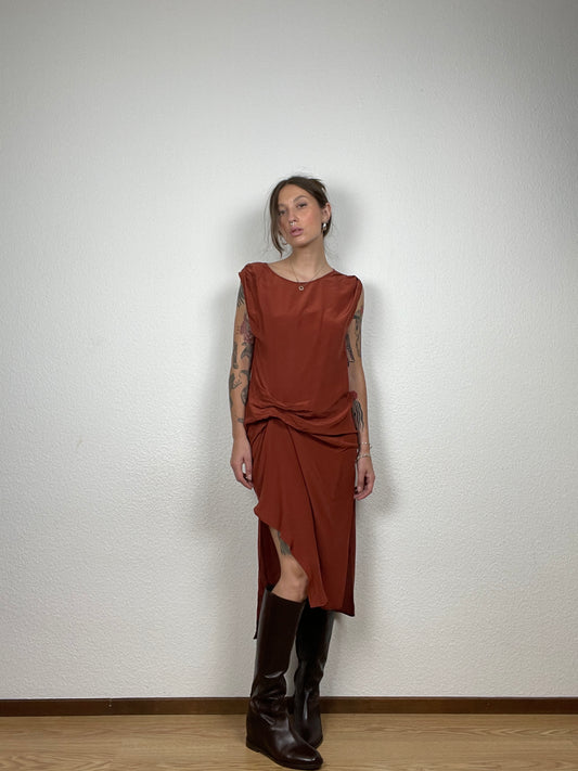 AllSaints Riviera V Dress in Rust Silk Blend