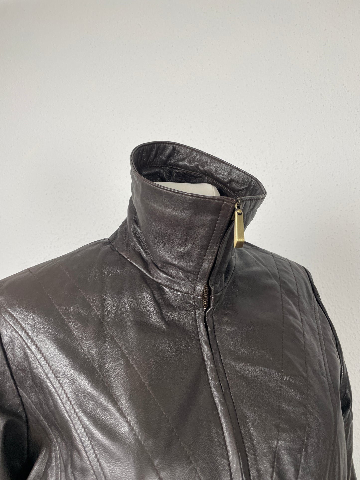 Vintage Y2K early 2000s dark brown leather jacket with stand collar