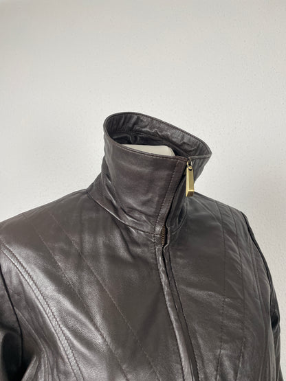 Vintage Y2K early 2000s dark brown leather jacket with stand collar