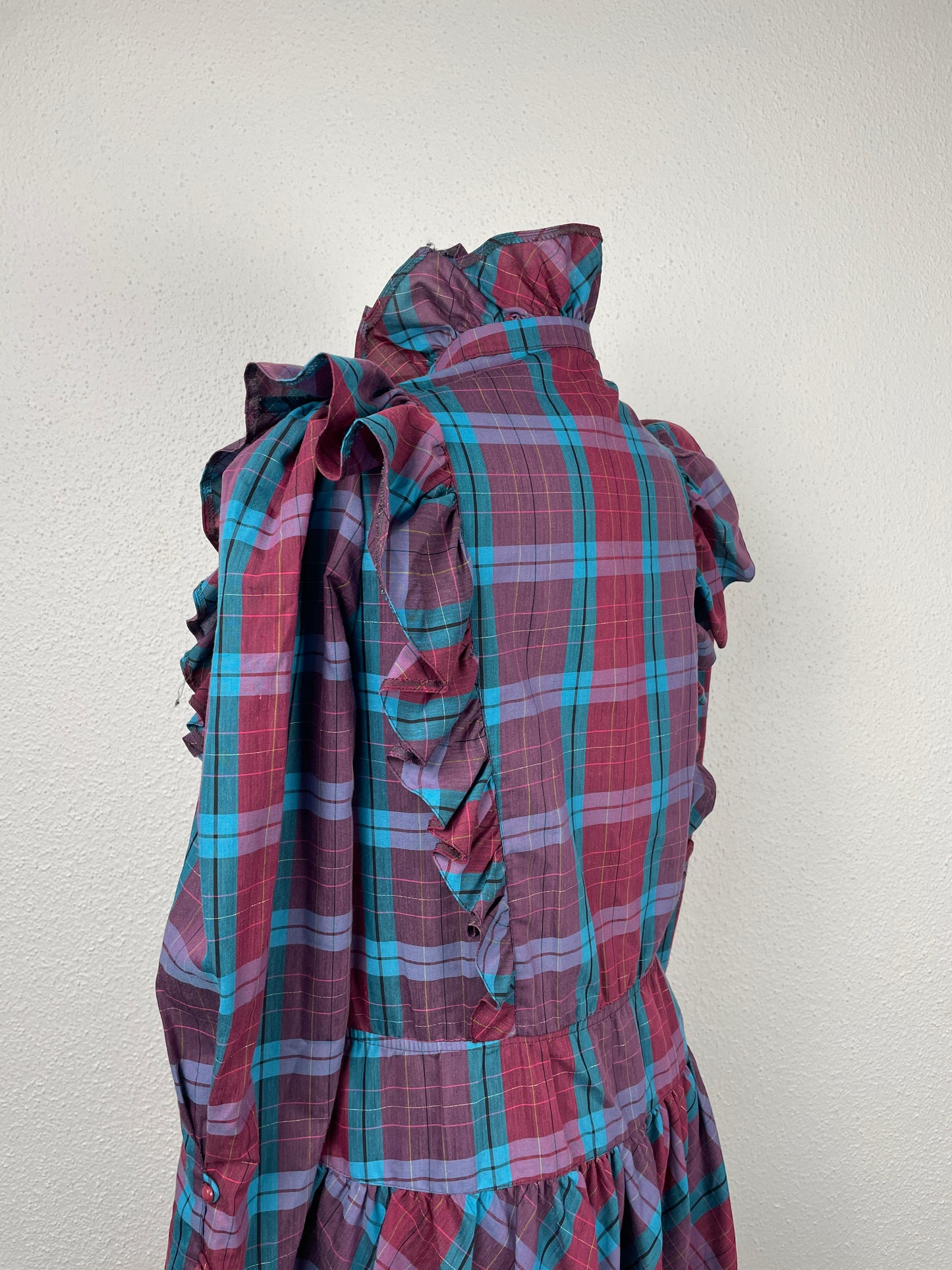 vintage 80s checkered midi dress with ruffles on the shoulders