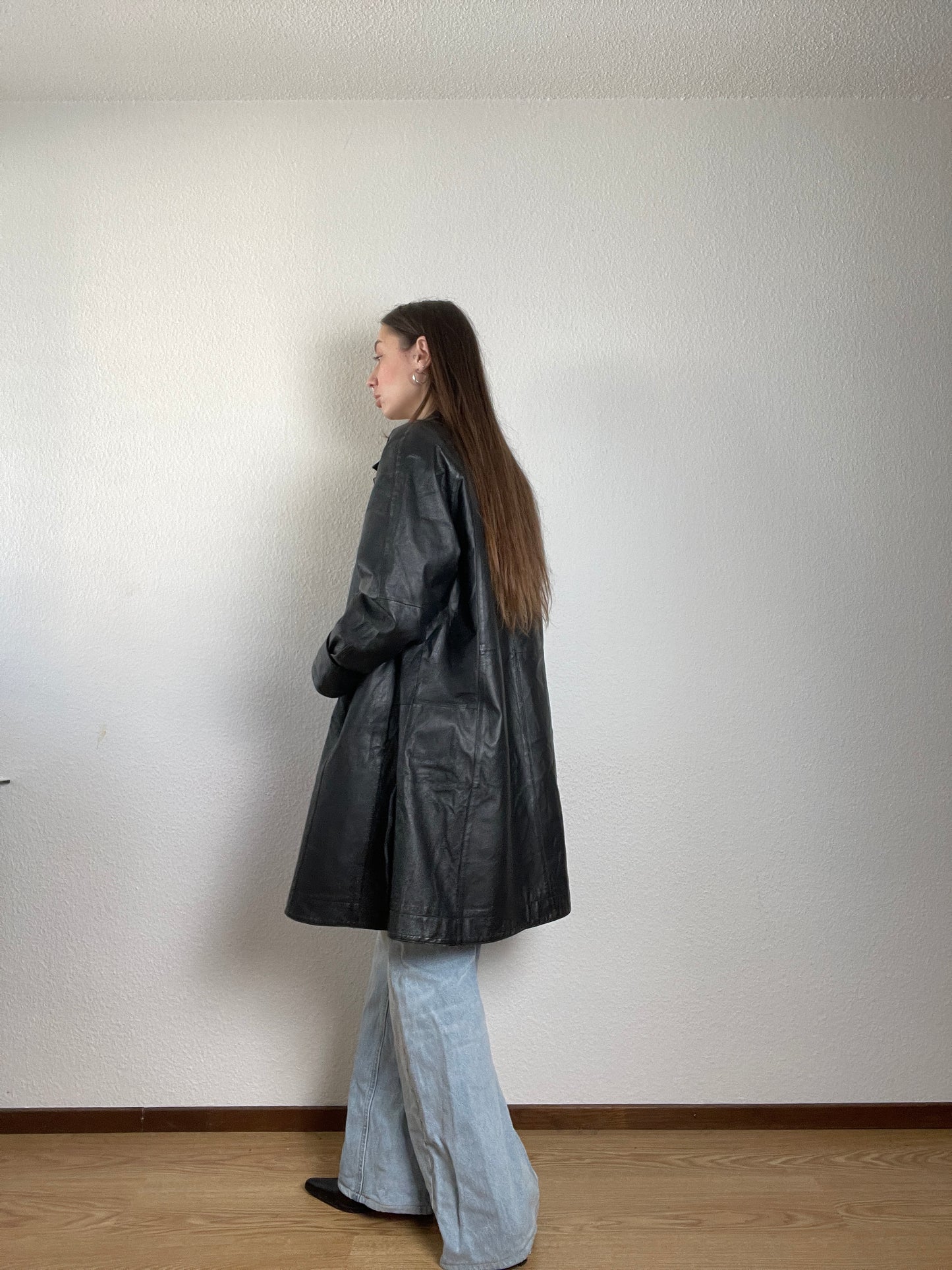 Vintage 90s black leather trench coat