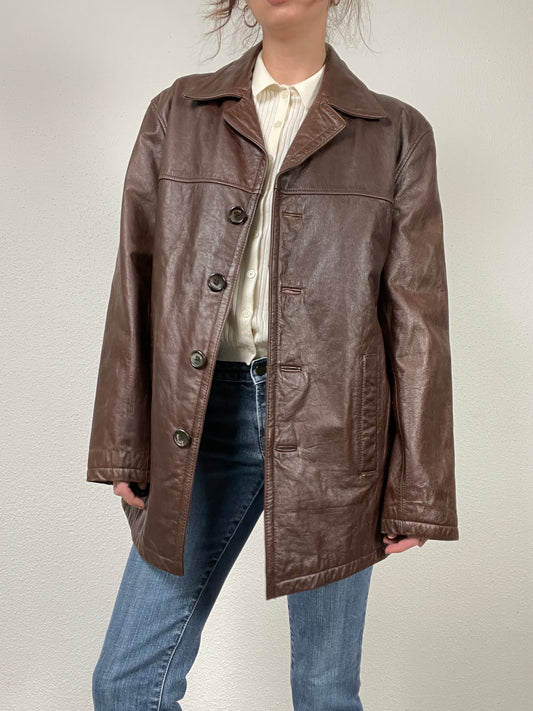 Vintage Y2K 2000s brown leather trench coat