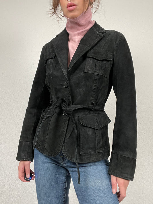 Vintage Y2K black suede jacket with a belt
