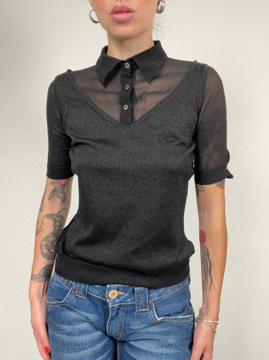 Vintage D&G Black Sheer Panel Polo Knit with Lurex – Size XS