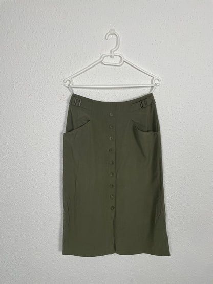 Vintage Bianca Olive Midi Skirt with Button Front – Size 38