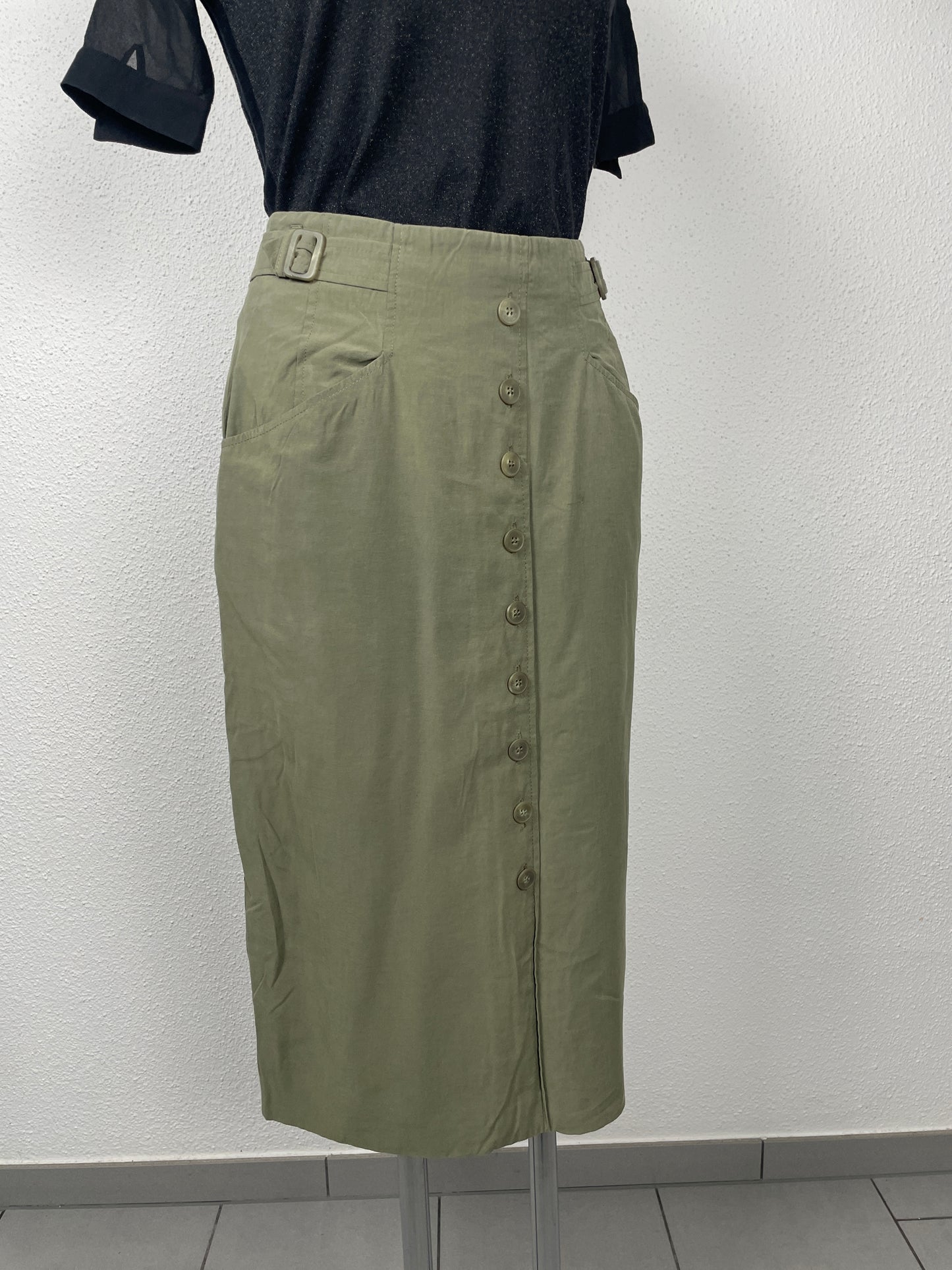 Vintage Bianca Olive Midi Skirt with Button Front – Size 38