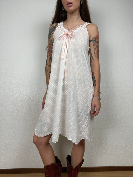 White Cotton Sleeveless Dress with Lace and Bow