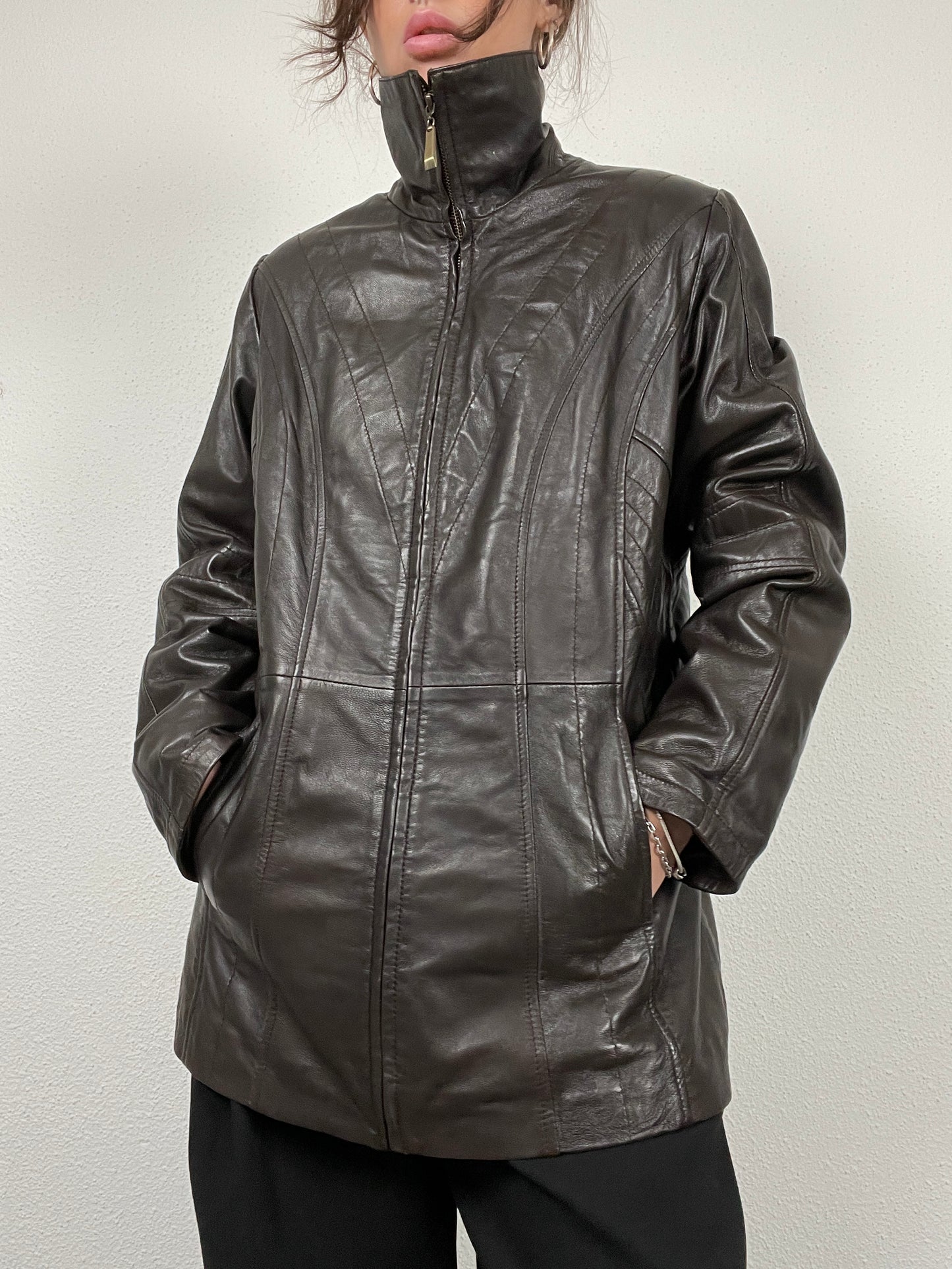 Vintage Y2K early 2000s dark brown leather jacket with stand collar