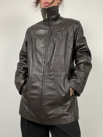 Vintage Y2K early 2000s dark brown leather jacket with stand collar