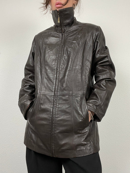 Vintage Y2K early 2000s dark brown leather jacket with stand collar