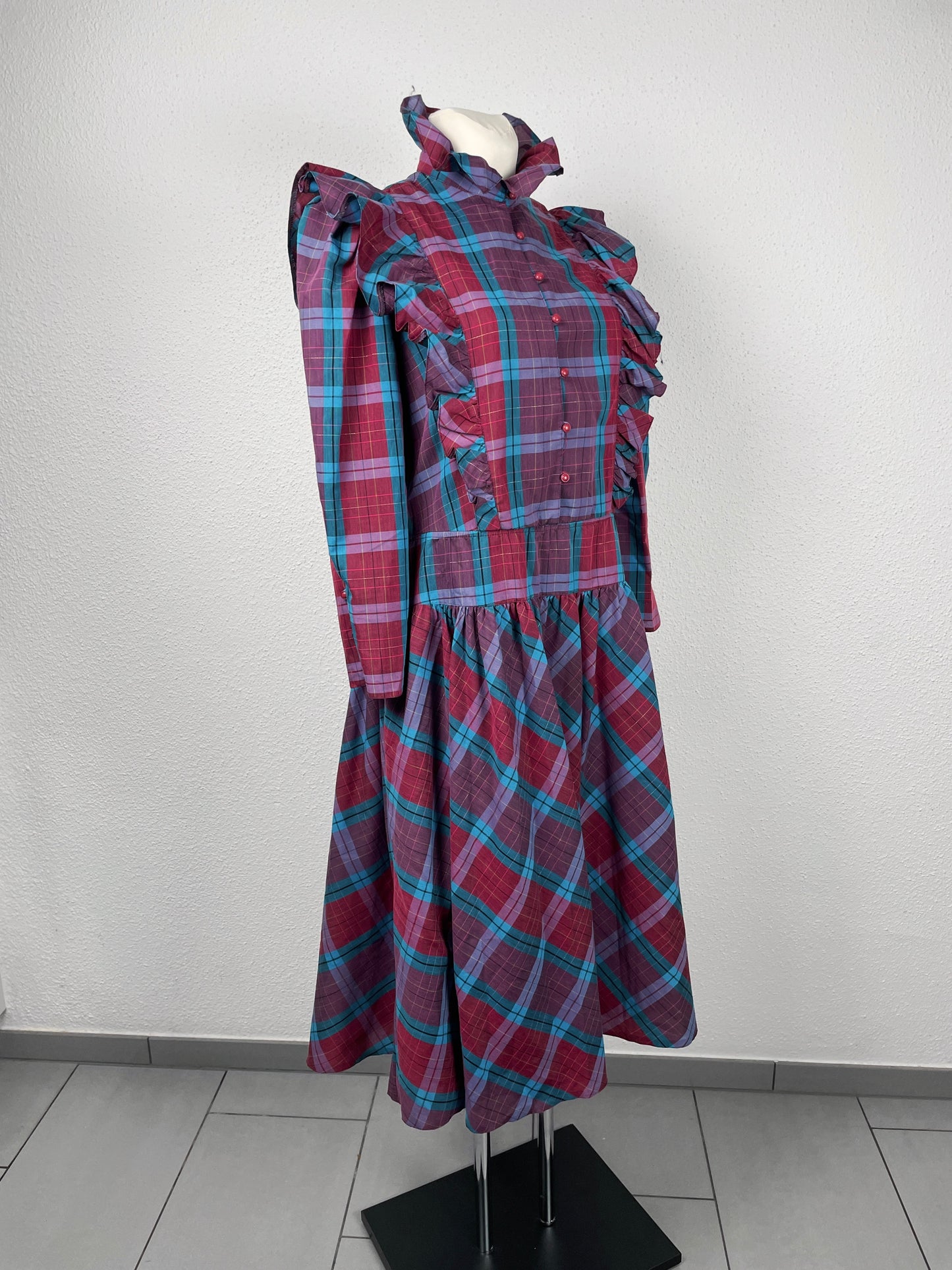 vintage 80s checkered midi dress with ruffles on the shoulders
