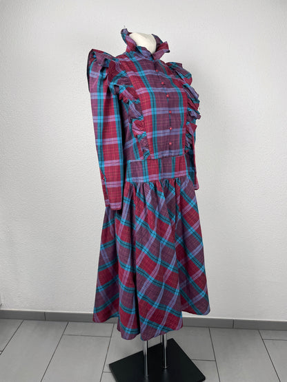 vintage 80s checkered midi dress with ruffles on the shoulders