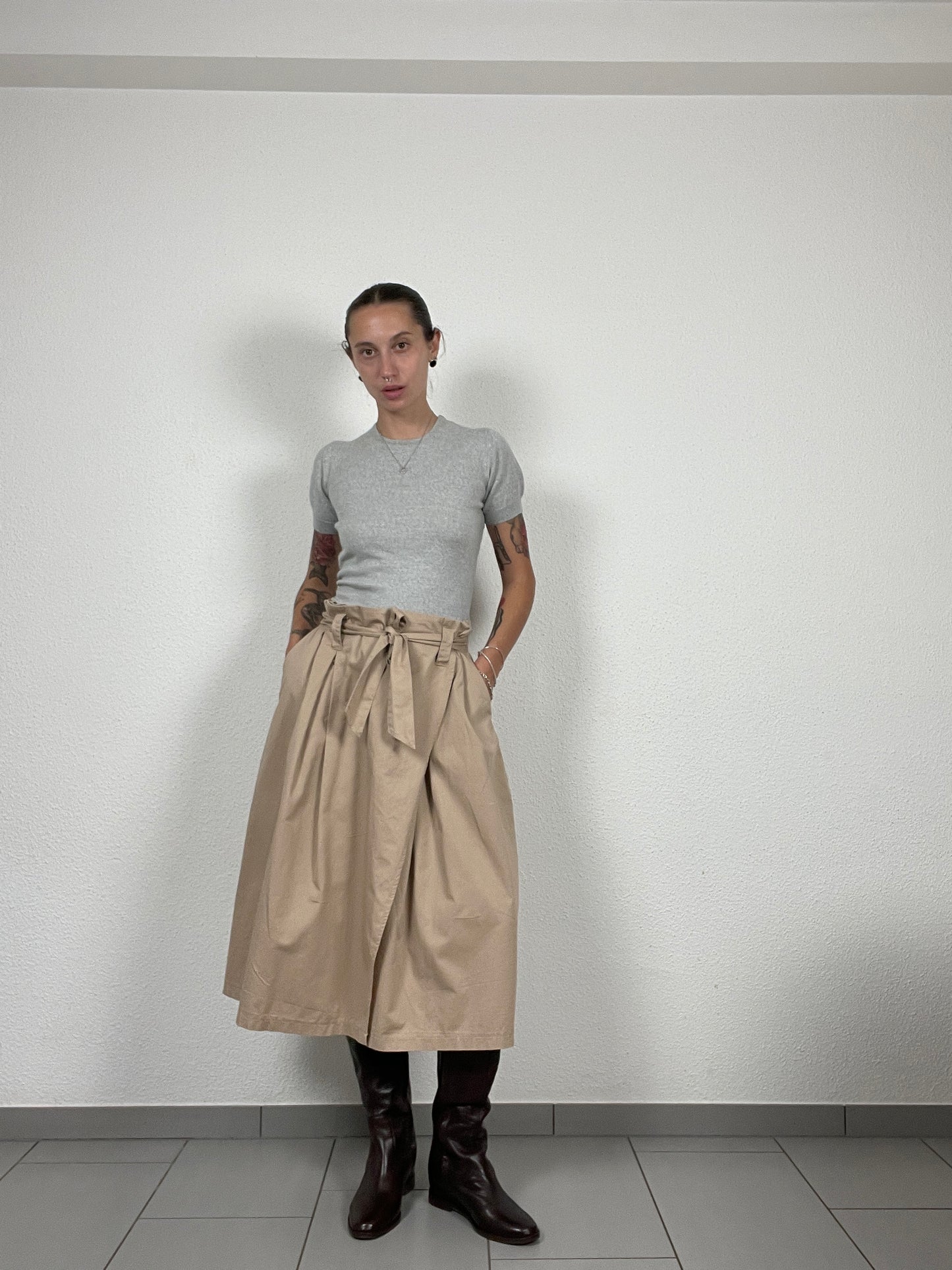 Vintage Beige Wrap Midi Skirt with Belt – Size M