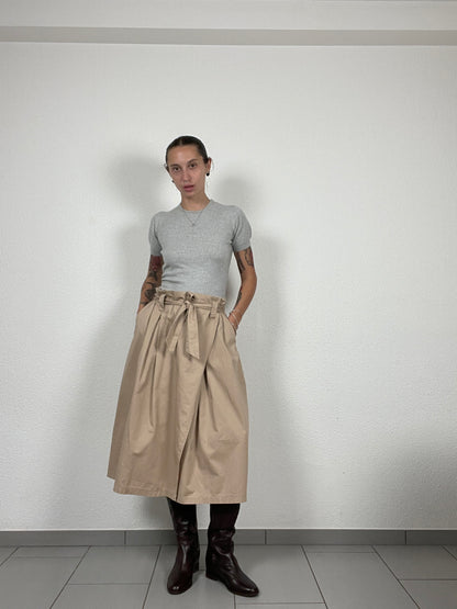 Vintage Beige Wrap Midi Skirt with Belt – Size M