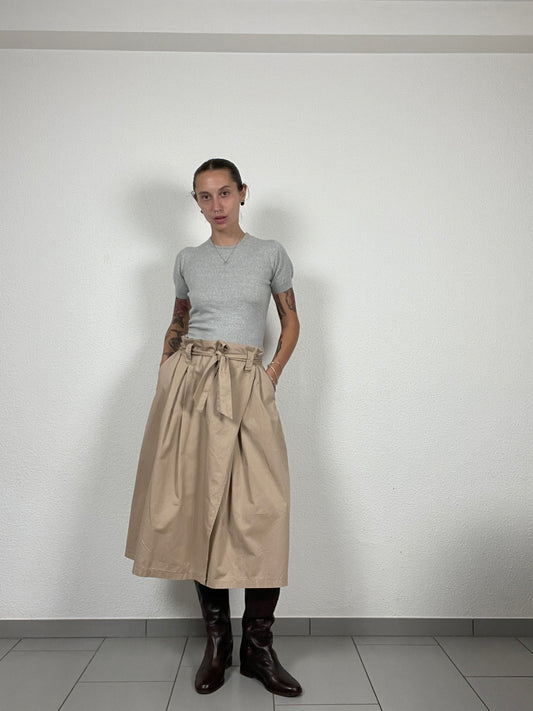 Vintage Beige Wrap Midi Skirt with Belt – Size M