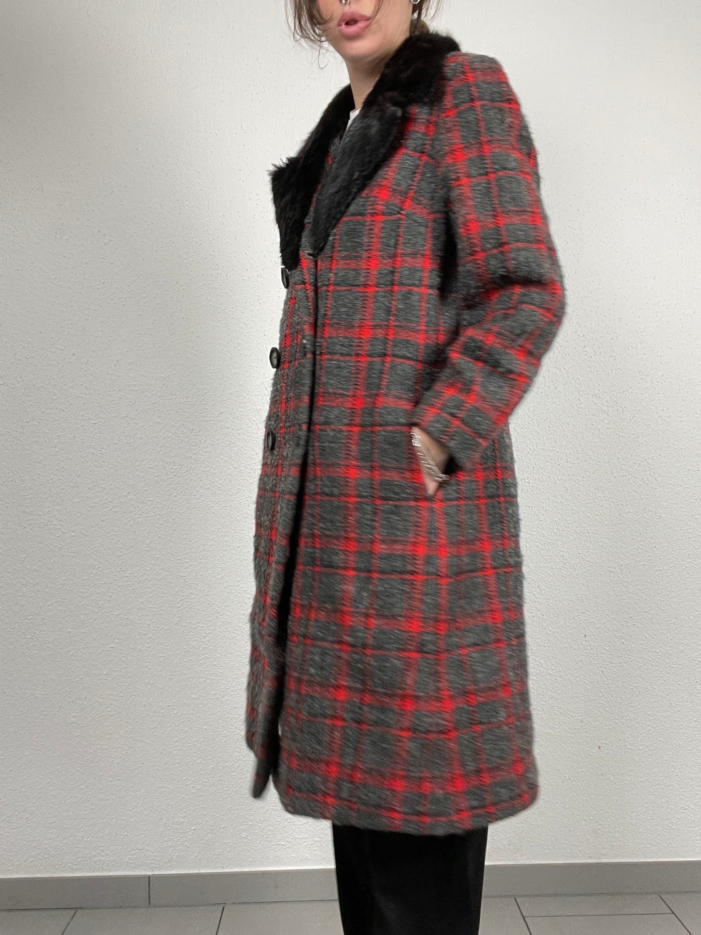 Vintage 1990s grey and red checkered wool coat with faux fur collar